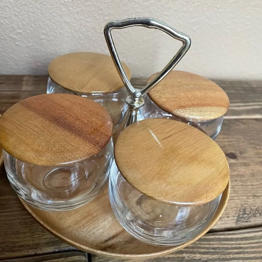 MCM Myrtlewood Vintage Condiment Set with Two Tiered Myrtlewood Snack Service